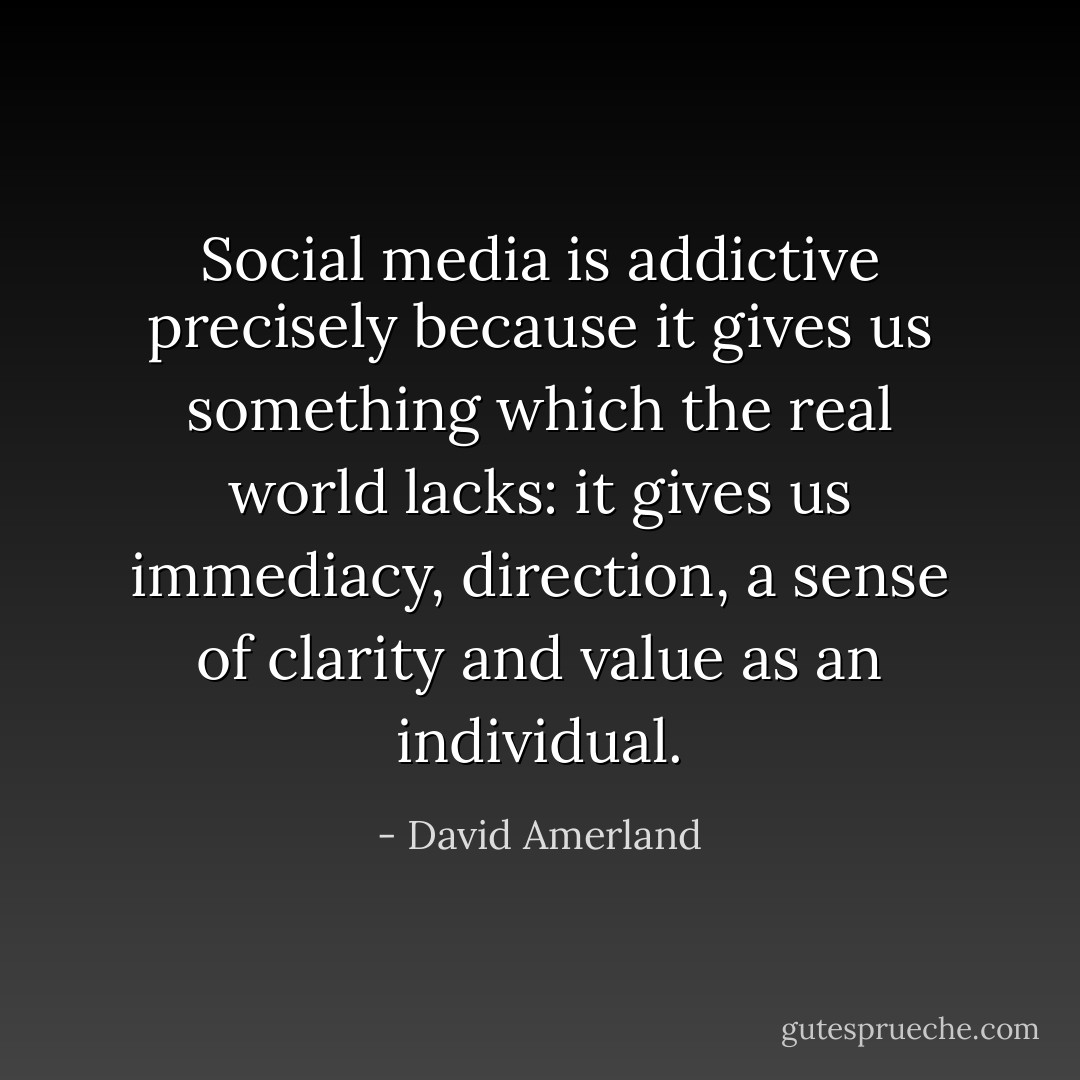Social media is addictive precisely because it gives us something which the real world lacks: it gives us immediacy, direction, a sense of clarity and value as an individual. - David Amerland