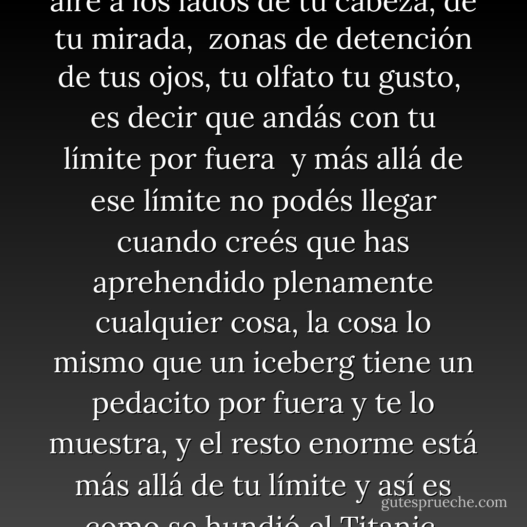 Es un poco así: hay líneas de aire a los lados de tu cabeza, de tu mirada,<br /> zonas de detención de tus ojos, tu olfato tu gusto,<br /> es decir que andás con tu límite por fuera<br /> y más allá de ese límite no podés llegar cuando creés que has aprehendido<br />plenamente cualquier cosa, la cosa lo mismo que un iceberg tiene un pedacito<br />por fuera y te lo muestra, y el resto enorme está más allá de tu límite y así es como se hundió el Titanic. - Julio Cortázar