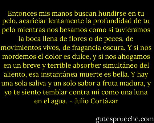 Entonces mis manos buscan hundirse en tu pelo, acariciar lentamente la profundidad de tu pelo mientras nos besamos como si tuviéramos la boca llena de flores o de peces, de movimientos vivos, de fragancia oscura. Y si nos mordemos el dolor es dulce, y si nos ahogamos en un breve y terrible absorber simultáneo del aliento, esa instantánea muerte es bella. Y hay una sola saliva y un solo sabor a fruta madura, y yo te siento temblar contra mí como una luna en el agua. - Julio Cortázar