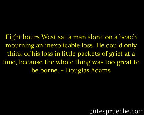 Eight hours West sat a man alone on a beach mourning an inexplicable loss. He could only think of his loss in little packets of grief at a time, because the whole thing was too great to be borne. - Douglas Adams