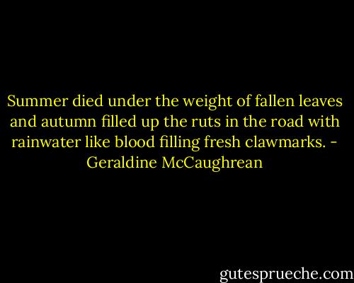 Summer died under the weight of fallen leaves and autumn filled up the ruts in the road with rainwater like blood filling fresh clawmarks. - Geraldine McCaughrean