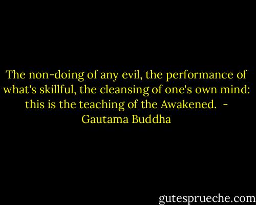 The non-doing of any evil,<br />the performance of what's skillful,<br />the cleansing of one's own mind:<br />this is the teaching of the Awakened.  - Gautama Buddha