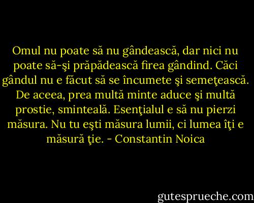 Omul nu poate să nu gândească, dar nici nu poate să-şi prăpădească firea gândind. Căci gândul nu e făcut să se încumete şi semeţească. De aceea, prea multă minte aduce şi multă prostie, sminteală. Esenţialul e să nu pierzi măsura. Nu tu eşti măsura lumii, ci lumea îţi e măsură ţie. - Constantin Noica