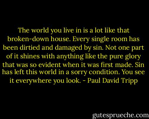 The world you live in is a lot like that broken-down house. Every single room has been dirtied and damaged by sin. Not one part of it shines with anything like the pure glory that was so evident when it was first made. Sin has left this world in a sorry condition. You see it everywhere you look. - Paul David Tripp