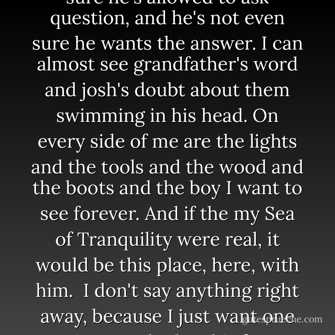 Where did you go?' His voice drops just slightly and loses even the suggestion of a smile.<br /><br />He's watching me like he's not sure he's allowed to ask question, and he's not even sure he wants the answer. I can almost see grandfather's word and josh's doubt about them swimming in his head. On every side of me are the lights and the tools and the wood and the boots and the boy I want to see forever. And if the my Sea of Tranquility were real, it would be this place, here, with him.<br /><br />I don't say anything right away, because I just want one minute to look at his face before I gave him my last secret. <br /><br />And then I tell him.<br /><br />'Your garage. - Katja Millay