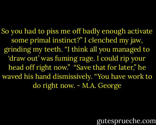 So you had to piss me off badly enough activate some primal instinct?” I clenched my jaw, grinding my teeth. “I think all you managed to ‘draw out’ was fuming rage. I could rip your head off right now.”<br /><br />“Save that for later,” he waved his hand dismissively. “You have work to do right now. - M.A. George