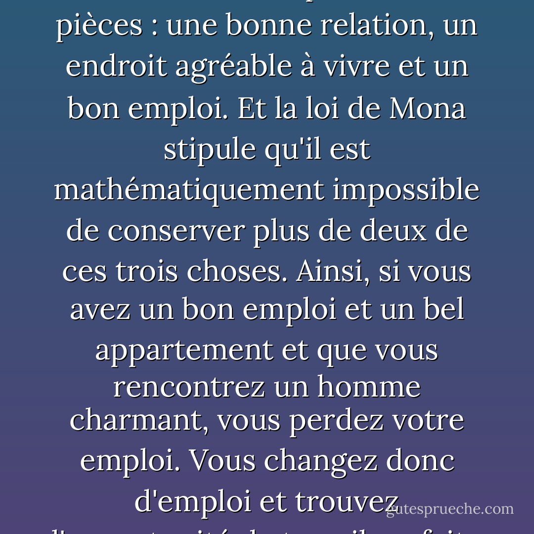 La loi de Mona stipule apparemment que tout le monde veut trois choses - que le bonheur se compose de trois pièces : une bonne relation, un endroit agréable à vivre et un bon emploi. Et la loi de Mona stipule qu'il est mathématiquement impossible de conserver plus de deux de ces trois choses. Ainsi, si vous avez un bon emploi et un bel appartement et que vous rencontrez un homme charmant, vous perdez votre emploi. Vous changez donc d'emploi et trouvez l'opportunité de travail parfaite et inespérée, et vlan, votre propriétaire vous jette à la rue. - Nick Alexander