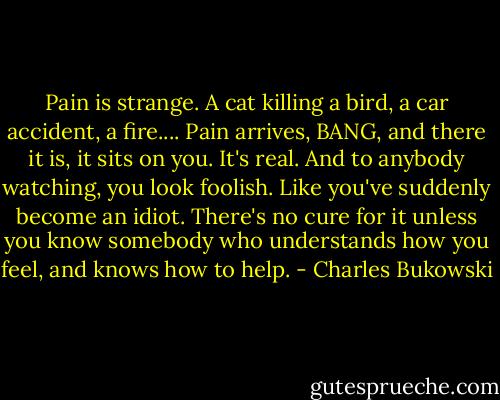Pain is strange. A cat killing a bird, a car accident, a fire.... Pain arrives, BANG, and there it is, it sits on you. It's real. And to anybody watching, you look foolish. Like you've suddenly become an idiot. There's no cure for it unless you know somebody who understands how you feel, and knows how to help. - Charles Bukowski