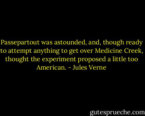 Passepartout was astounded, and, though ready to attempt anything to get over Medicine Creek, thought the experiment proposed a little too American. - Jules Verne