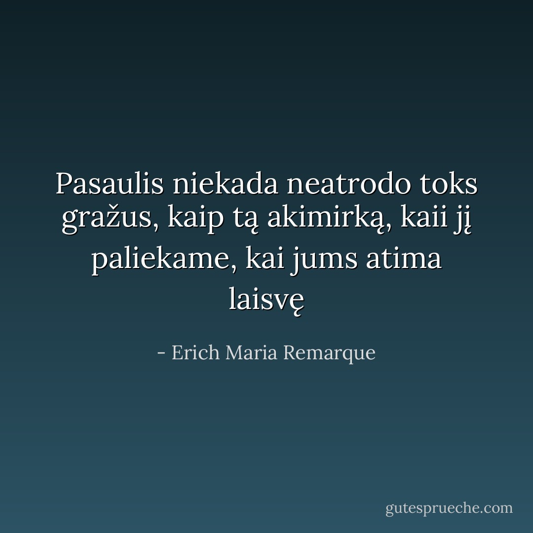 Pasaulis niekada neatrodo toks gražus, kaip tą akimirką, kaii jį paliekame, kai jums atima laisvę - Erich Maria Remarque