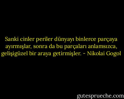 Sanki cinler periler dünyayı binlerce parçaya ayırmışlar, sonra da bu parçaları anlamsızca, gelişigüzel bir araya getirmişler. - Nikolai Gogol