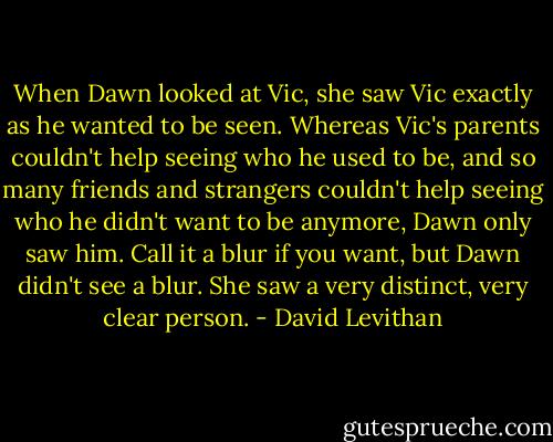 When Dawn looked at Vic, she saw Vic exactly as he wanted to be seen. Whereas Vic's parents couldn't help seeing who he used to be, and so many friends and strangers couldn't help seeing who he didn't want to be anymore, Dawn only saw him. Call it a blur if you want, but Dawn didn't see a blur. She saw a very distinct, very clear person. - David Levithan