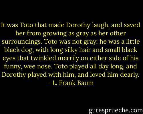 It was Toto that made Dorothy laugh, and saved her from growing as gray as her other surroundings. Toto was not gray; he was a little black dog, with long silky hair and small black eyes that twinkled merrily on either side of his funny, wee nose. Toto played all day long, and Dorothy played with him, and loved him dearly. - L. Frank Baum
