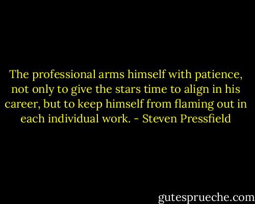 The professional arms himself with patience, not only to give the stars time to align in his career, but to keep himself from flaming out in each individual work. - Steven Pressfield