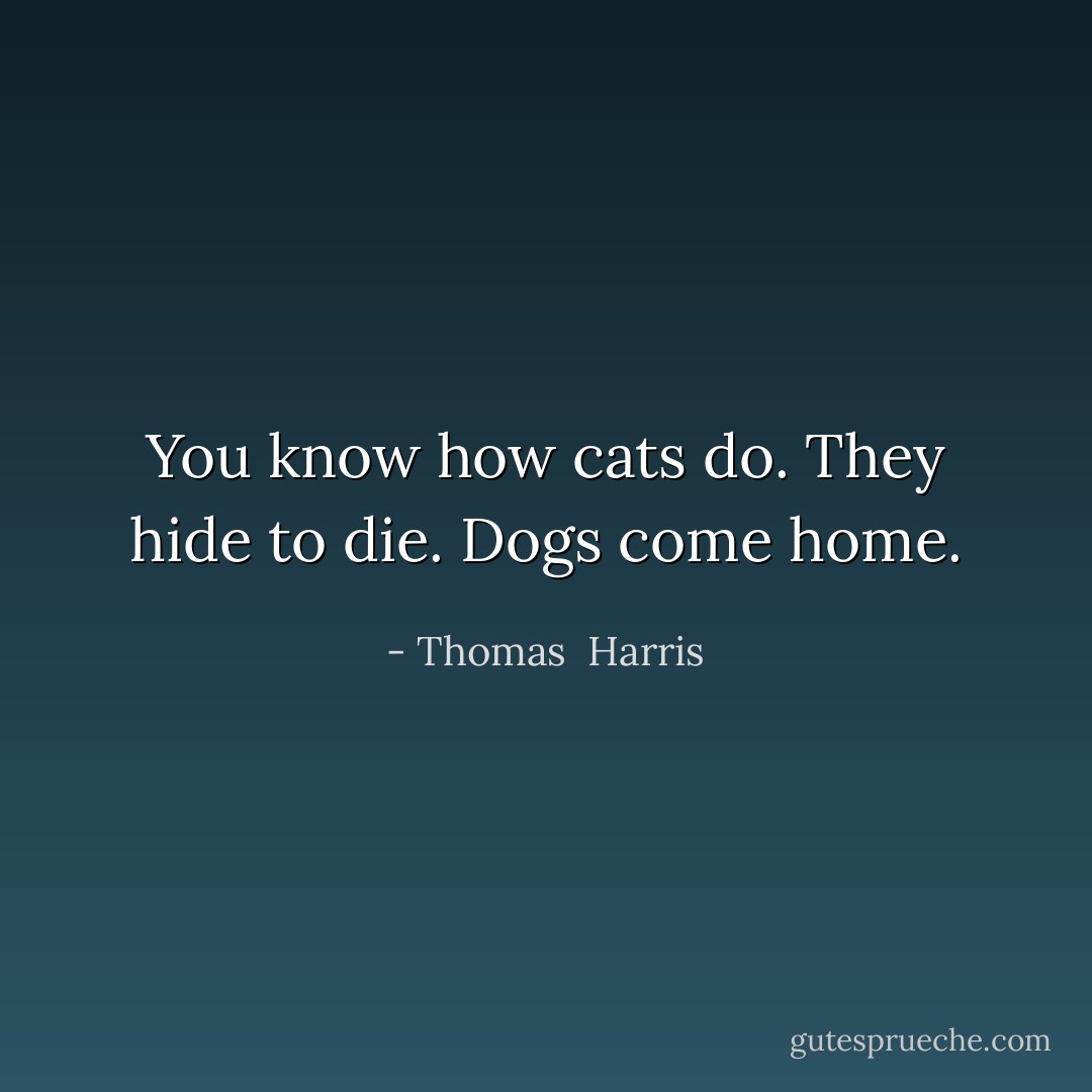 You know how cats do. They hide to die. Dogs come home. - Thomas  Harris