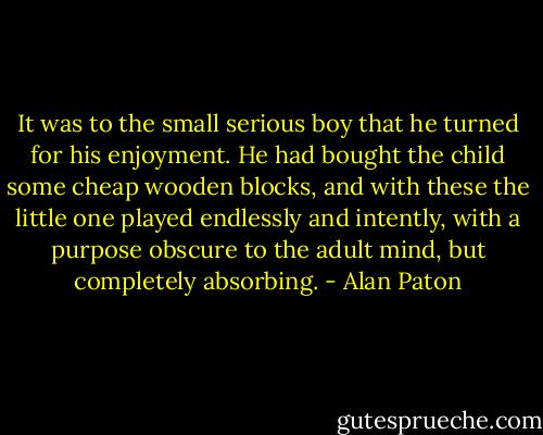 It was to the small serious boy that he turned for his enjoyment. He had bought the child some cheap wooden blocks, and with these the little one played endlessly and intently, with a purpose obscure to the adult mind, but completely absorbing. - Alan Paton