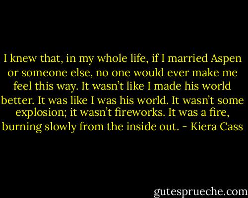 I knew that, in my whole life, if I married Aspen or someone else, no one would ever make me feel this way. It wasn’t like I made his world better. It was like I was his world. It wasn’t some explosion; it wasn’t fireworks. It was a fire, burning slowly from the inside out. - Kiera Cass