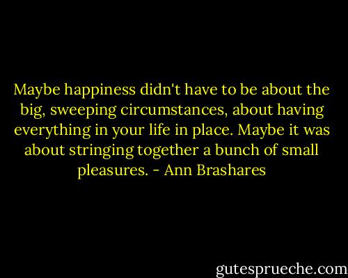 Maybe happiness didn't have to be about the big, sweeping circumstances, about having everything in your life in place. Maybe it was about stringing together a bunch of small pleasures. - Ann Brashares