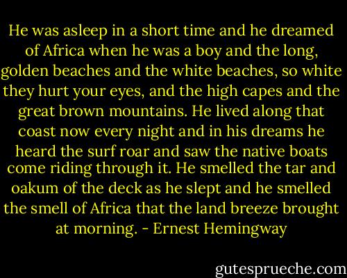He was asleep in a short time and he dreamed of Africa when he was a boy and the long, golden beaches and the white beaches, so white they hurt your eyes, and the high capes and the great brown mountains. He lived along that coast now every night and in his dreams he heard the surf roar and saw the native boats come riding through it. He smelled the tar and oakum of the deck as he slept and he smelled the smell of Africa that the land breeze brought at morning. - Ernest Hemingway