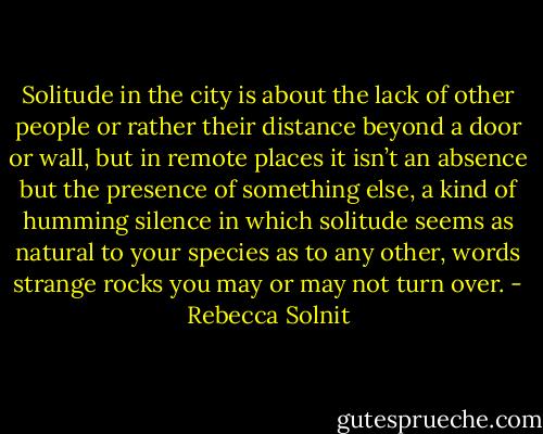 Solitude in the city is about the lack of other people or rather their distance beyond a door or wall, but in remote places it isn’t an absence but the presence of something else, a kind of humming silence in which solitude seems as natural to your species as to any other, words strange rocks you may or may not turn over. - Rebecca Solnit