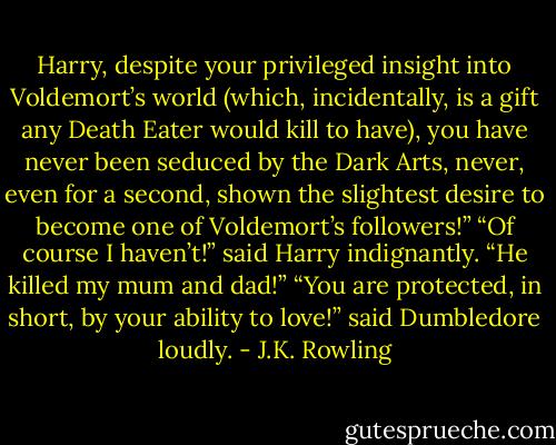 Harry, despite your privileged insight into Voldemort’s world (which, incidentally, is a gift any Death Eater would kill to have), you have never been seduced by the Dark Arts, never, even for a second, shown the slightest desire to become one of Voldemort’s followers!”<br />“Of course I haven’t!” said Harry indignantly. “He killed my mum and dad!”<br />“You are protected, in short, by your ability to love!” said Dumbledore loudly. - J.K. Rowling