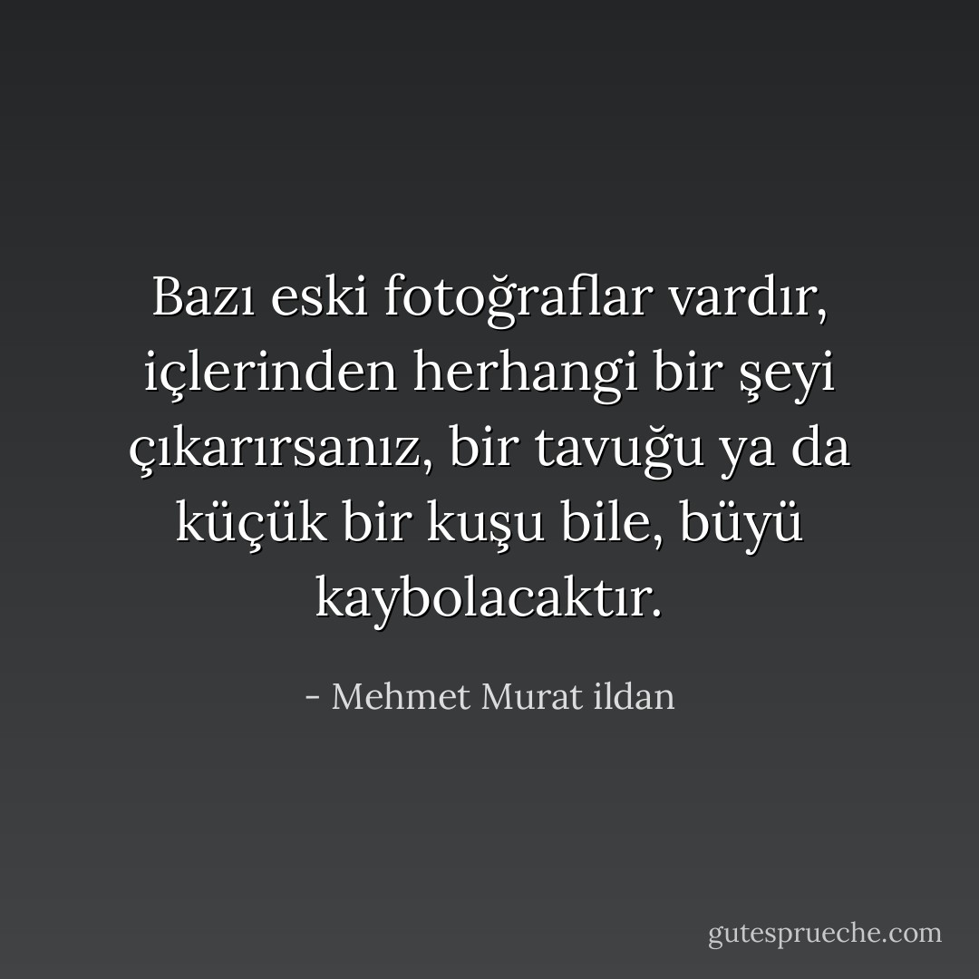 Bazı eski fotoğraflar vardır, içlerinden herhangi bir şeyi çıkarırsanız, bir tavuğu ya da küçük bir kuşu bile, büyü kaybolacaktır. - Mehmet Murat ildan