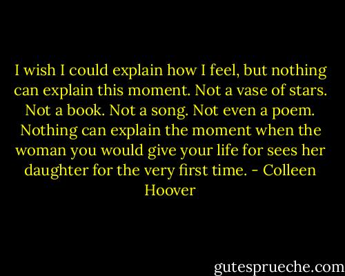 I wish I could explain how I feel, but nothing can explain this moment. Not a vase of stars. Not a book. Not a song. Not even a poem. Nothing can explain the moment when the woman you would give your life for sees her daughter for the very first time. - Colleen Hoover