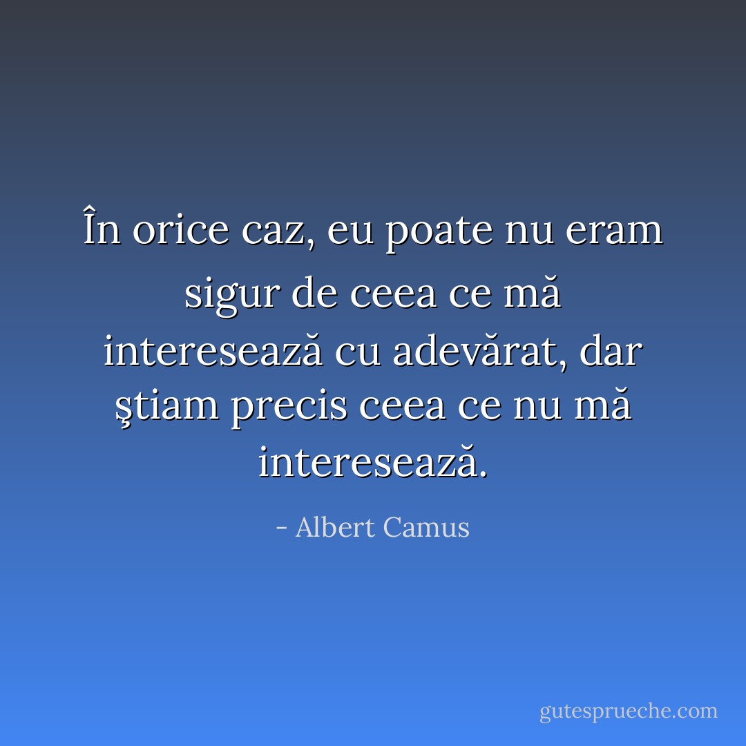 În orice caz, eu poate nu eram sigur de ceea ce mă interesează cu adevărat, dar ştiam precis ceea ce nu mă interesează. - Albert Camus