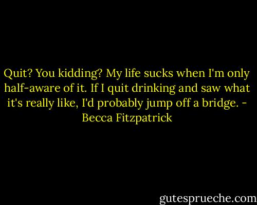 Quit? You kidding? My life sucks when I'm only half-aware of it. If I quit drinking and saw what it's really like, I'd probably jump off a bridge. - Becca Fitzpatrick