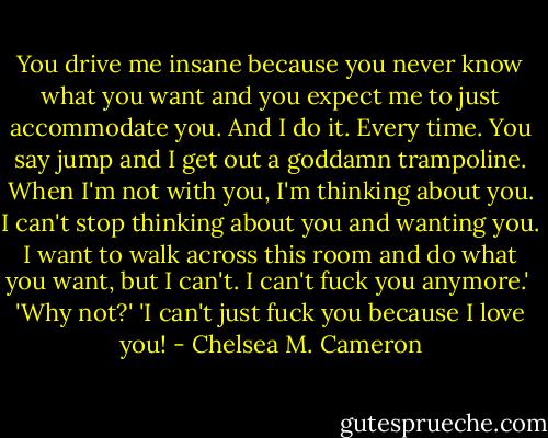 You drive me insane because you never know what you want and you expect me to just accommodate you. And I do it. Every time. You say jump and I get out a goddamn trampoline. When I'm not with you, I'm thinking about you. I can't stop thinking about you and wanting you. I want to walk across this room and do what you want, but I can't. I can't fuck you anymore.' <br />'Why not?'<br />'I can't just fuck you because I love you! - Chelsea M. Cameron