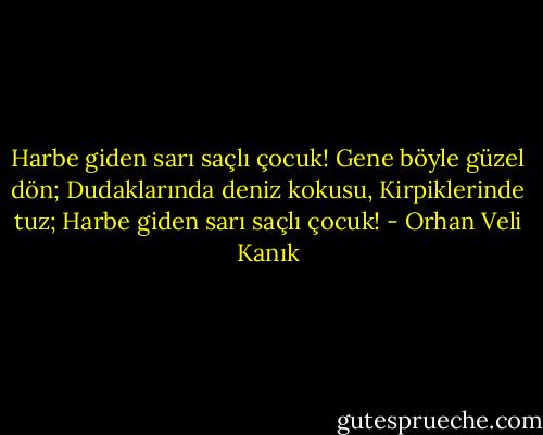 Harbe giden sarı saçlı çocuk!<br />Gene böyle güzel dön;<br />Dudaklarında deniz kokusu,<br />Kirpiklerinde tuz;<br />Harbe giden sarı saçlı çocuk! - Orhan Veli Kanık