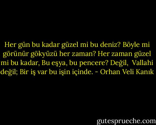 Her gün bu kadar güzel mi bu deniz?<br />Böyle mi görünür gökyüzü her zaman?<br />Her zaman güzel mi bu kadar,<br />Bu eşya, bu pencere?<br />Değil, <br />Vallahi değil;<br />Bir iş var bu işin içinde. - Orhan Veli Kanık