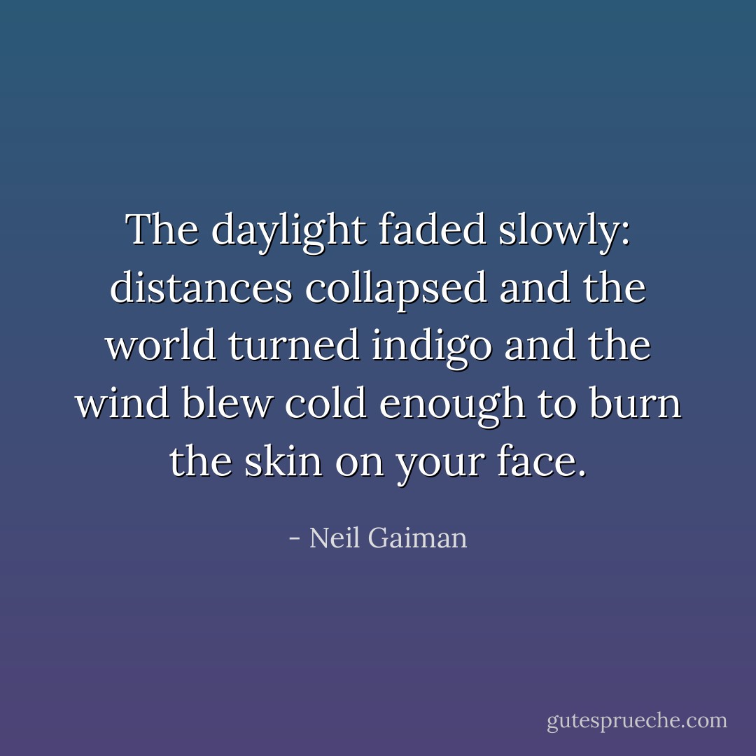 The daylight faded slowly: distances collapsed and the world turned indigo and the wind blew cold enough to burn the skin on your face. - Neil Gaiman