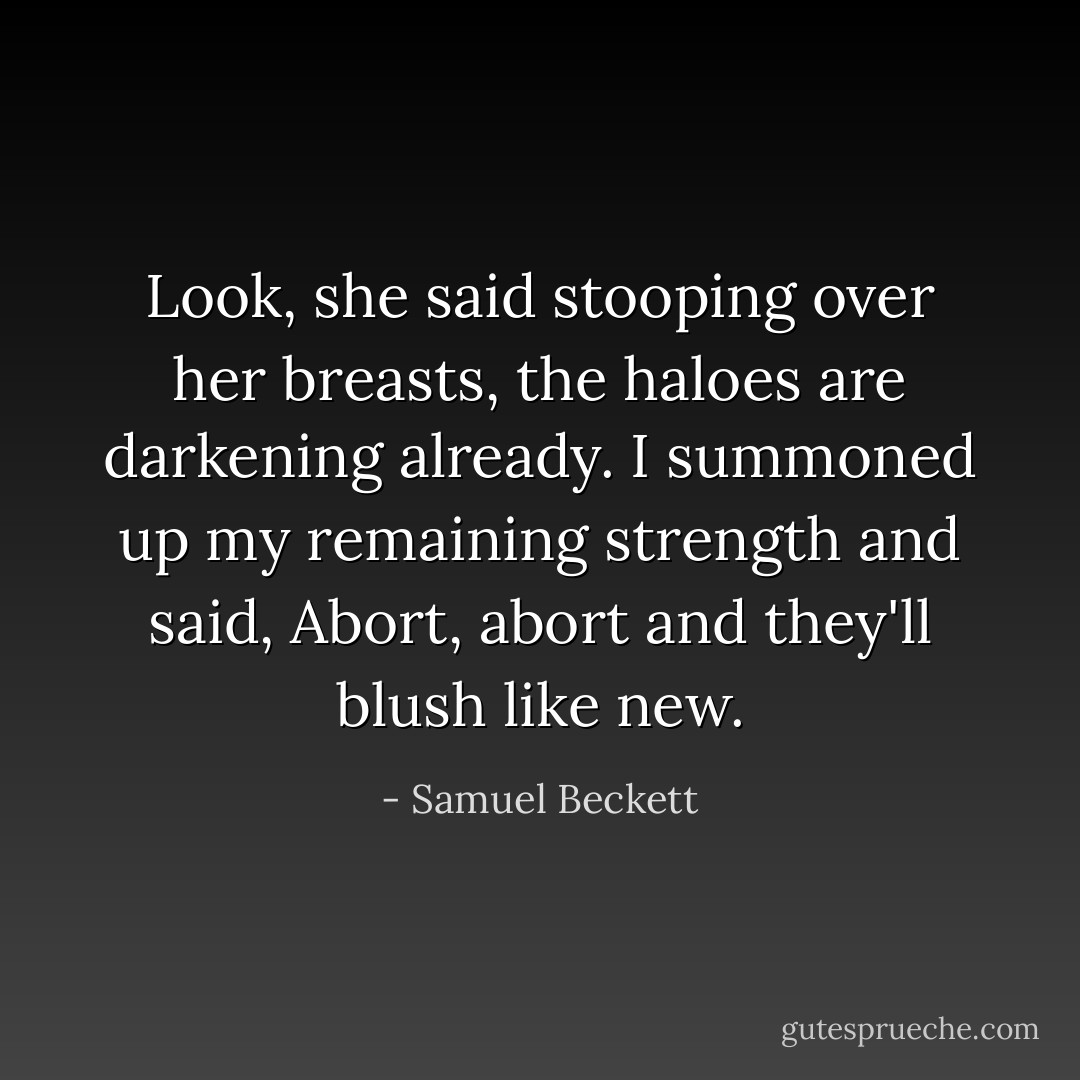 Look, she said stooping over her breasts, the haloes are darkening already. I summoned up my remaining strength and said, Abort, abort and they'll blush like new. - Samuel Beckett