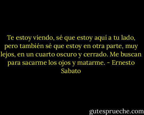 Te estoy viendo, sé que estoy aquí a tu lado, pero también sé que estoy en otra parte, muy lejos, en un cuarto oscuro y cerrado. Me buscan para sacarme los ojos y matarme. - Ernesto Sabato