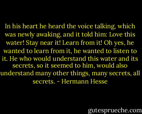 In his heart he heard the voice talking, which was newly awaking, and it told him: Love this water! Stay near it! Learn from it! Oh yes, he wanted to learn from it, he wanted to listen to it. He who would understand this water and its secrets, so it seemed to him, would also understand many other things, many secrets, all secrets. - Hermann Hesse