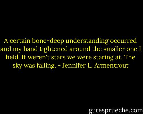 A certain bone-deep understanding occurred and my hand tightened around the smaller one I held. It weren't stars we were staring at. The sky was falling. - Jennifer L. Armentrout