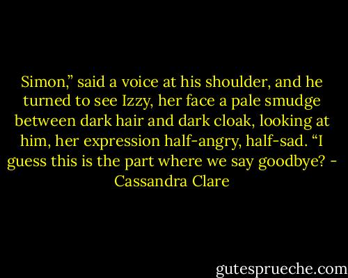 Simon,” said a voice at his shoulder, and he turned to see Izzy, her face a pale smudge between dark hair and dark cloak, looking at him, her expression half-angry, half-sad. “I guess this is the part where we say goodbye? - Cassandra Clare
