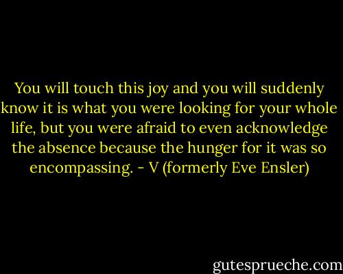 You will touch this joy and you will suddenly know it is what you were looking for your whole life, but you were afraid to even acknowledge the absence because the hunger for it was so encompassing. - V (formerly Eve Ensler)