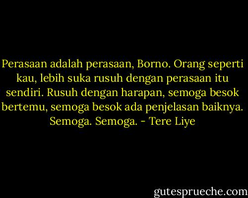 Perasaan adalah perasaan, Borno. Orang seperti kau, lebih suka rusuh dengan perasaan itu sendiri. Rusuh dengan harapan, semoga besok bertemu, semoga besok ada penjelasan baiknya. Semoga. Semoga. - Tere Liye