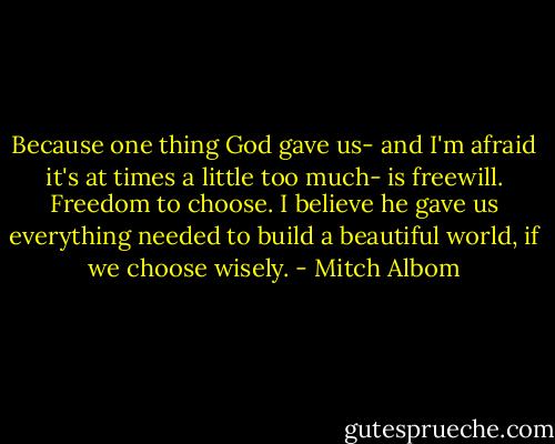 Because one thing God gave us- and I'm afraid it's at times a little too much- is freewill. Freedom to choose. I believe he gave us everything needed to build a beautiful world, if we choose wisely. - Mitch Albom