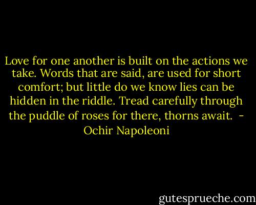 Love for one another is built on the actions we take. Words that are said, are used for short comfort; but little do we know lies can be hidden in the riddle. Tread carefully through the puddle of roses for there, thorns await.  - Ochir Napoleoni