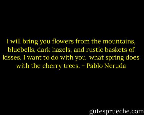 I will bring you flowers from the mountains, bluebells,<br />dark hazels, and rustic baskets of kisses.<br />I want to do with you <br />what spring does with the cherry trees. - Pablo Neruda