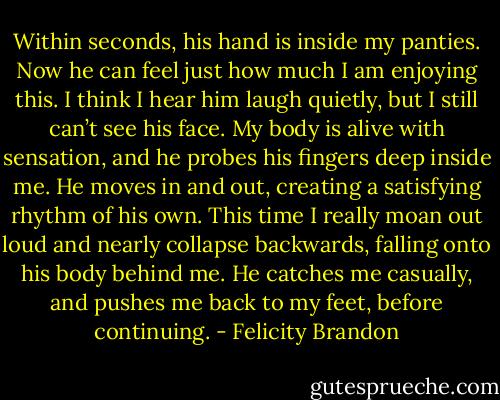 Within seconds, his hand is inside my panties. Now he can feel just how much I am enjoying this. I think I hear him laugh quietly, but I still can’t see his face. My body is alive with sensation, and he probes his fingers deep inside me. He moves in and out, creating a satisfying rhythm of his own. This time I really moan out loud and nearly collapse backwards, falling onto his body behind me. He catches me casually, and pushes me back to my feet, before continuing. - Felicity Brandon
