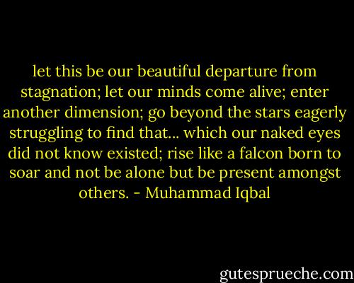 let this be our beautiful departure from stagnation; let our minds come alive; enter another dimension; go beyond the stars eagerly struggling to find that... which our naked eyes did not know existed; rise like a falcon born to soar and not be alone but be present amongst others. - Muhammad Iqbal