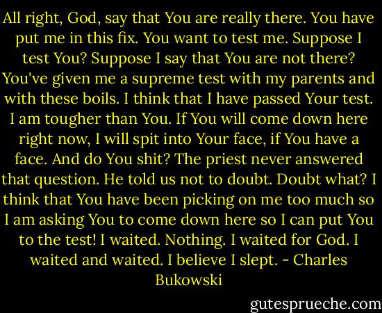 All right, God, say that You are really there. You have put me in this fix. You want to test me. Suppose I test You? Suppose I say that You are not there? You've given me a supreme test with my parents and with these boils. I think that I have passed Your test. I am tougher than You. If You will come down here right now, I will spit into Your face, if You have a face. And do You shit? The priest never answered that question. He told us not to doubt. Doubt what? I think that You have been picking on me too much so I am asking You to come down here so I can put You to the test! I waited. Nothing. I waited for God. I waited and waited. I believe I slept. - Charles Bukowski
