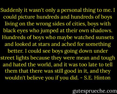 Suddenly it wasn't only a personal thing to me. I could picture hundreds and hundreds of boys living on the wrong sides of cities, boys with black eyes who jumped at their own shadows. Hundreds of boys who maybe watched sunsets and looked at stars and ached for something better. I could see boys going down under street lights because they were mean and tough and hated the world, and it was too late to tell them that there was still good in it, and they wouldn't believe you if you did. - S.E. Hinton