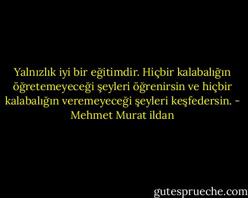 Yalnızlık iyi bir eğitimdir. Hiçbir kalabalığın öğretemeyeceği şeyleri öğrenirsin ve hiçbir kalabalığın veremeyeceği şeyleri keşfedersin. - Mehmet Murat ildan