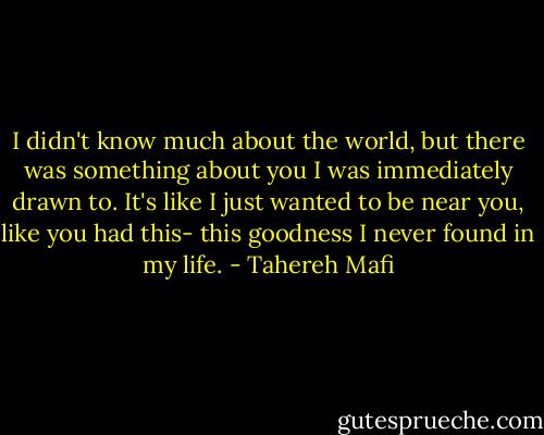 I didn't know much about the world, but there was something about you I was immediately drawn to. It's like I just wanted to be near you, like you had this- this goodness I never found in my life. - Tahereh Mafi