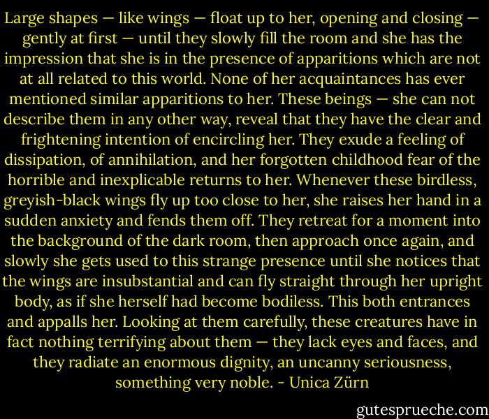 Large shapes — like wings — float up to her, opening and closing — gently at first — until they slowly fill the room and she has the impression that she is in the presence of apparitions which are not at all related to this world. None of her acquaintances has ever mentioned similar apparitions to her. These beings — she can not describe them in any other way, reveal that they have the clear and frightening intention of encircling her. They exude a feeling of dissipation, of annihilation, and her forgotten childhood fear of the horrible and inexplicable returns to her. Whenever these birdless, greyish-black wings fly up too close to her, she raises her hand in a sudden anxiety and fends them off. They retreat for a moment into the background of the dark room, then approach once again, and slowly she gets used to this strange presence until she notices that the wings are insubstantial and can fly straight through her upright body, as if she herself had become bodiless. This both entrances and appalls her. Looking at them carefully, these creatures have in fact nothing terrifying about them — they lack eyes and faces, and they radiate an enormous dignity, an uncanny seriousness, something very noble. - Unica Zürn